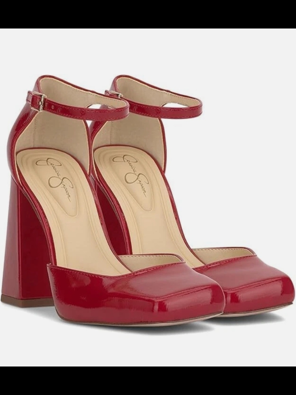 Jessica Simpson Lollah Red Patent Block Heel Pumps with Ankle Strap